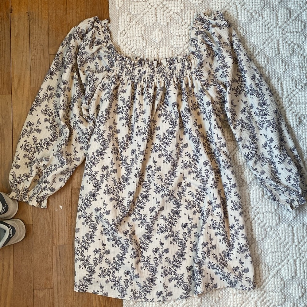 Gray Smocked Long Sleeve Dress